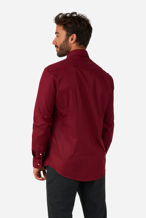 Man wearing burgundy red men's shirt