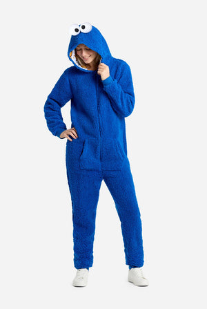 Women wearing blue pluche Cookie Monster Adult onesie for women