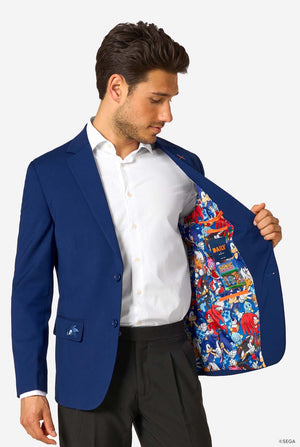 A man showing the inside of a blue blazer with a colorful lining featuring Sonic the Hedgehog and other characters.