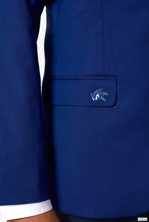 Close-up of a blazer pocket embroidered with a small blue Sonic the Hedgehog logo.