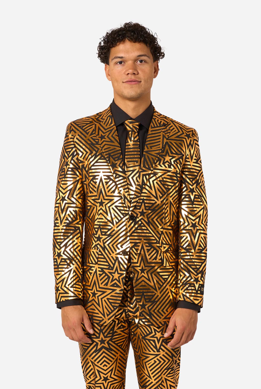 black and gold dress men OppoSuits Men's Golden Geo Star 2 Piece Suit + Tie, Black, 46 easter-outfits All items must be Mikado Gown with Velvet Select Shoe size:38