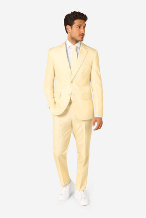 Elegant men's suit in a soft pastel yellow shade, perfect for weddings, summer events, and formal occasions. This stylish tailored suit features a slim fit design, notch lapels, and a matching tie for a sophisticated look. Ideal for modern gentlemen looking to make a statement with a light-colored pastel suit. Full body image.