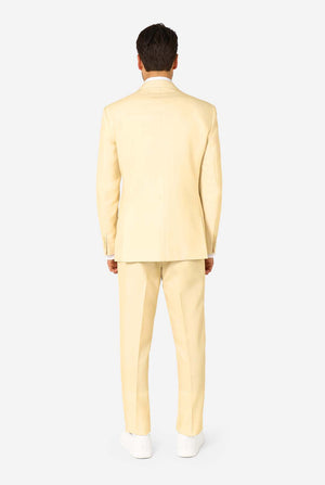 Elegant men's suit in a soft pastel yellow shade, perfect for weddings, summer events, and formal occasions. This stylish tailored suit features a slim fit design, notch lapels, and a matching tie for a sophisticated look. Ideal for modern gentlemen looking to make a statement with a light-colored pastel suit. View from the back.