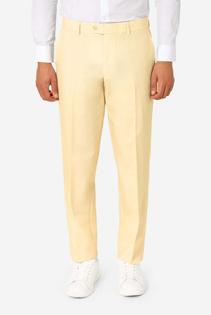 Elegant men's suit in a soft pastel yellow shade, perfect for weddings, summer events, and formal occasions. This stylish tailored suit features a slim fit design, notch lapels, and a matching tie for a sophisticated look. Ideal for modern gentlemen looking to make a statement with a light-colored pastel suit. Pants close up.