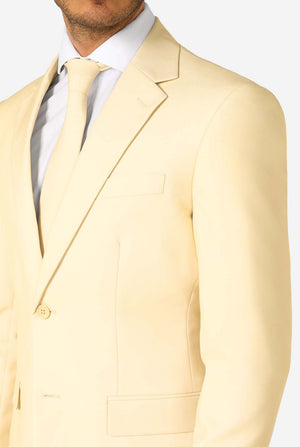 Elegant men's suit in a soft pastel yellow shade, perfect for weddings, summer events, and formal occasions. This stylish tailored suit features a slim fit design, notch lapels, and a matching tie for a sophisticated look. Ideal for modern gentlemen looking to make a statement with a light-colored pastel suit. Chest close up.