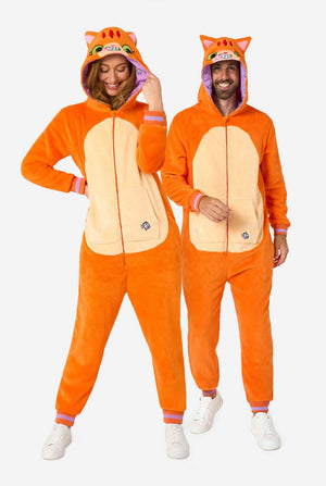 A man and women are wearing an orange adult onesie designed as a red cat onesie. The onesie features a hood resembling a cat's head, and cat details, perfect for cozy lounging or costume parties. Both have their hood on their head. Full body image