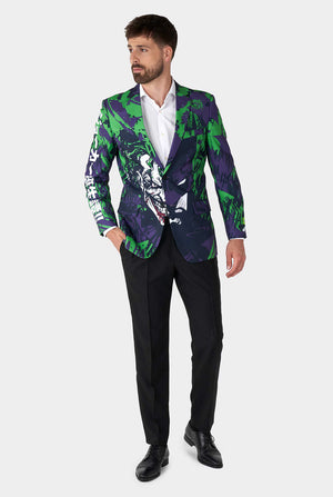 Man wearing purple and green batman vs Joker men's blazer