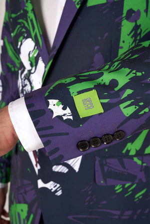 Man wearing purple and green batman vs Joker men's blazer