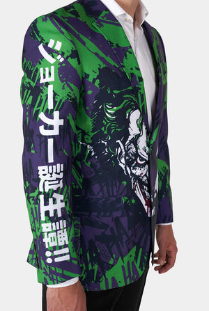 Man wearing purple and green batman vs Joker men's blazer