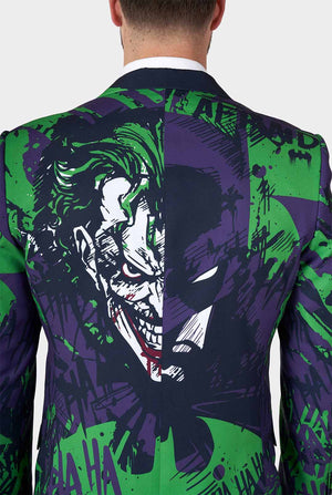 Man wearing purple and green batman vs Joker men's blazer