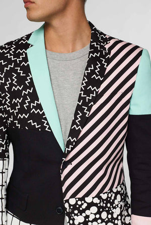 abstract pattern casual blazer inspired by Memphis group worn by man