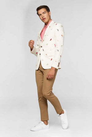 Off-white blazer with tropical embroidery worn by man