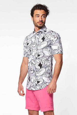 Man wearing summer shirt with bugs bunny Warner Bros print