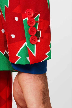 Red Christmas men's suit with pine tree print worn by man
