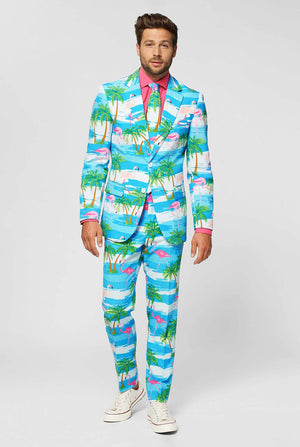 Blue and white men's suit with tropical flamingo print Flaminguy worn by man close up
