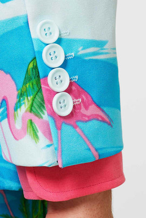 Blue and white men's suit with tropical flamingo print Flaminguy worn by man close up