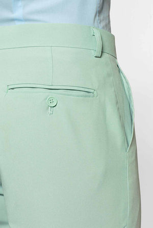 Man wearing pastel mint green colored men's suit, pants close up