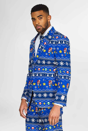 Super Mario Nintendo men's suit with Christmas themes worn by man