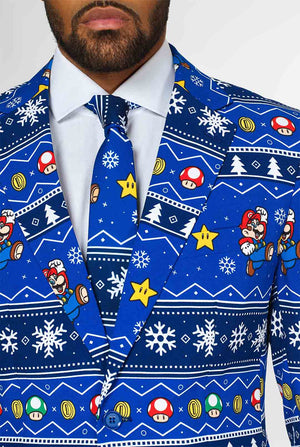 Super Mario Nintendo men's suit with Christmas themes worn by man