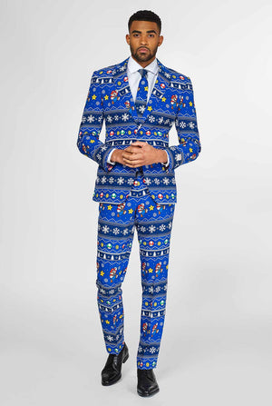 Super Mario Nintendo men's suit with Christmas themes worn by man