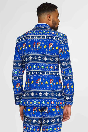 Super Mario Nintendo men's suit with Christmas themes worn by man