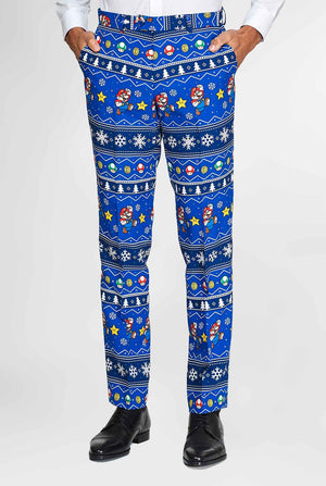 Super Mario Nintendo men's suit with Christmas themes worn by man