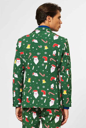 Man wearing green Christmas suit and blue dress shirt