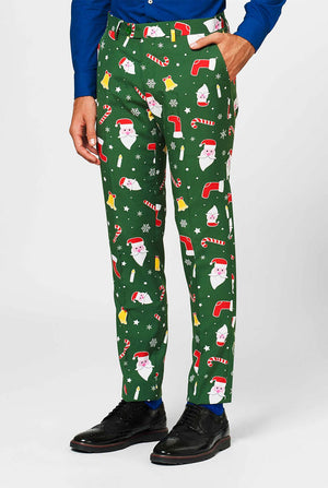 Man wearing green Christmas suit and blue dress shirt