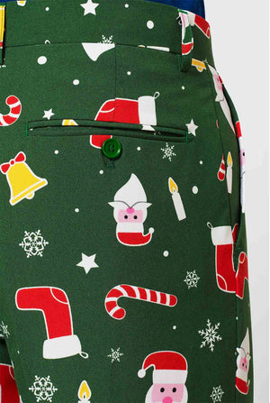 Man wearing green Christmas suit and blue dress shirt