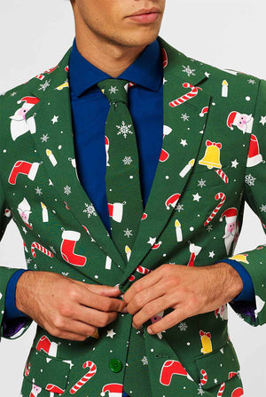 Man wearing green Christmas suit and blue dress shirt