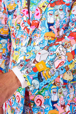 Man wearing men's suit with SpongeBob print