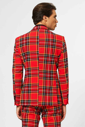 Man wearing red Christmas tartan men's suit