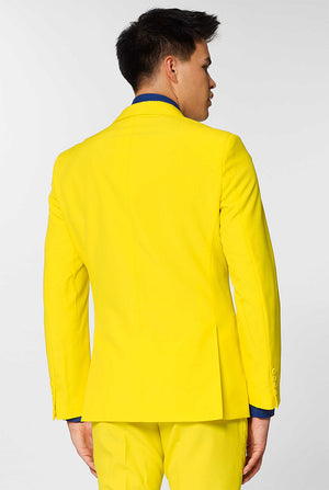 Man wearing yellow men's suit and dark blue dress shirt