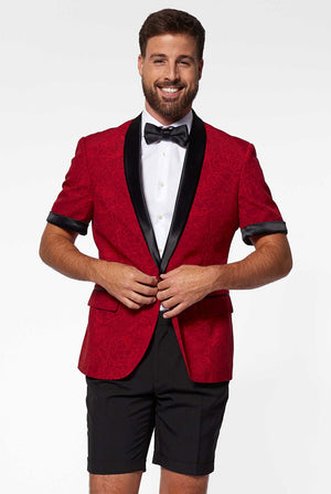 Man wearing red summer tuxedo with flower print