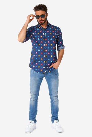 Man wearing blue dress shirt with Pac-Man icons