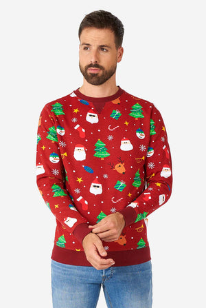 Man wearing red Christmas sweater with colored Christmas icons