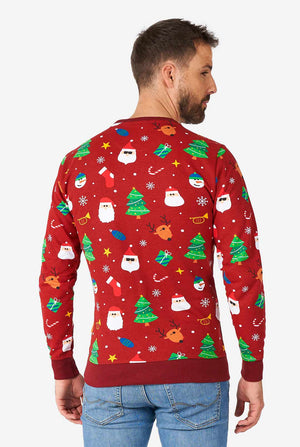 Back view of Man wearing red Christmas sweater with colored Christmas icons