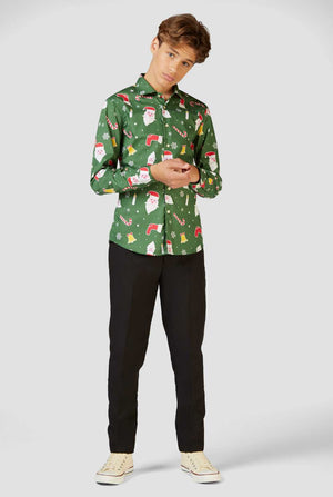 Funny green Christmas dress shirt Santaboss worn by a teen boy zoomed in