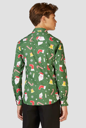 Funny green Christmas dress shirt Santaboss worn by a teen boy zoomed in