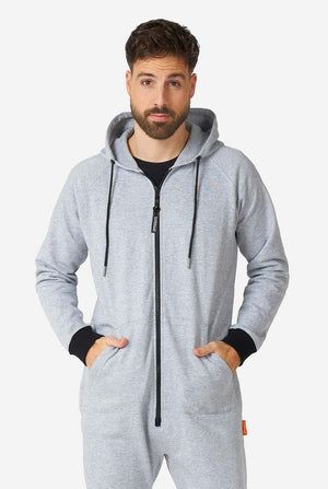 Man wearing grey onesie