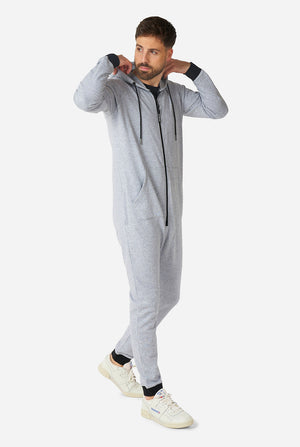 Man wearing grey onesie
