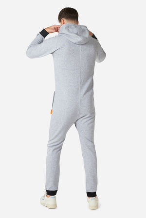 Man wearing grey onesie