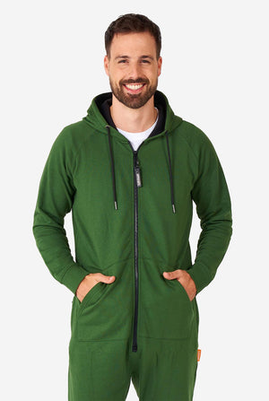man wearing green onesie