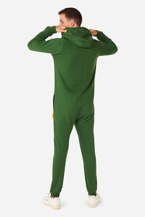 man wearing green onesie