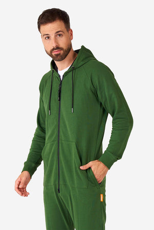 man wearing green onesie