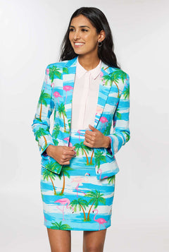 Woman wearing tropical blue suit with flamingo print