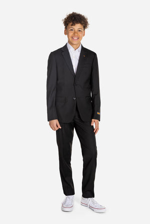 Teen wearing OppoSuits Daily Black teen boys suit