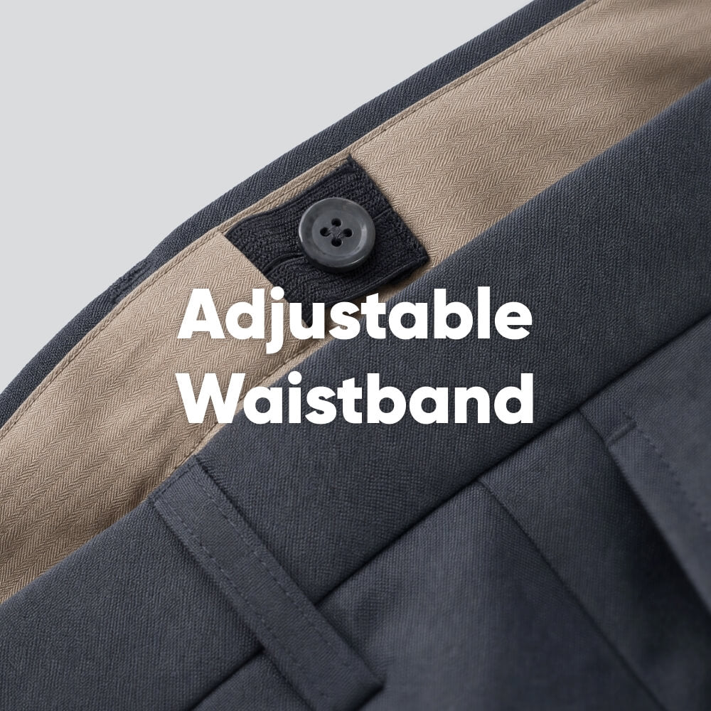 Close-up of pants with an adjustable waistband feature with a button and elastic on a light gray background. And the text Adjustable waistband.