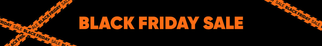 Image with black background and orange BLACK FRIDAY SALE text. Also orange and black banners resembling tape.