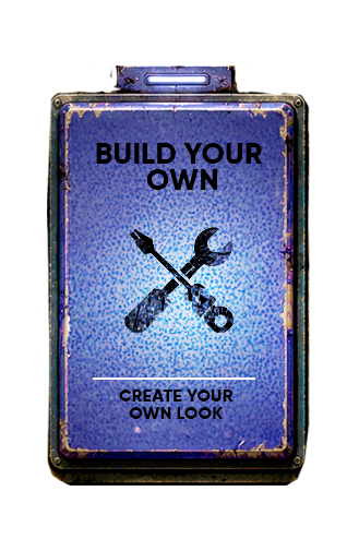 A rectangular metal button with a distressed blue and purple textured background, featuring the text 'BUILD YOUR OWN' and 'CREATE YOUR OWN LOOK' with crossed tools in the center. The sign has a rusty, weathered border and a small handle at the top, shown on a plain white background. This will link to the build your own page.